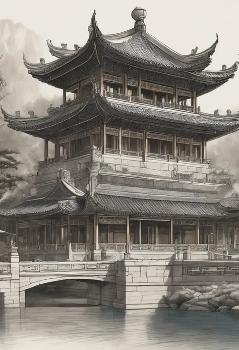 "Hand-drawn architectural design in Chinese pencil，Precise measurements and specifications,  Technical drawings with clear annotations, Professional-grade detail and accuracy."