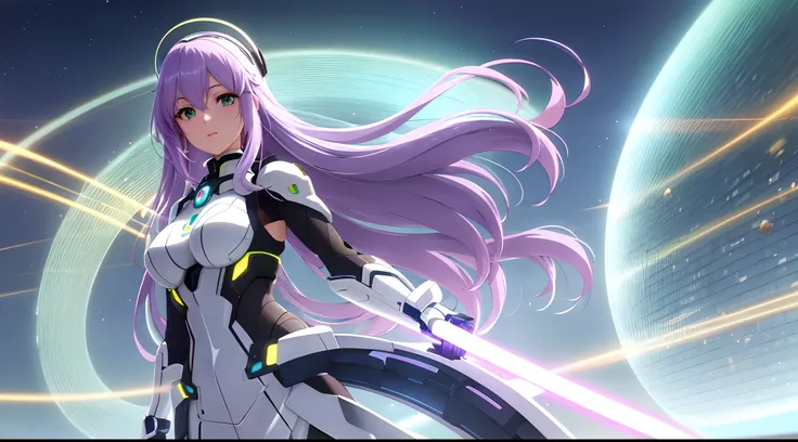 Athena with plain long light purple hair,hair between eyes,green eyes,rosy cheeks,full lips,thin eyebrows,slender body,wearing futuristic nanosuit and full long skirt,cute anime girl,full body,futuristic hyperloop tunnels in background,anime style,extremel...