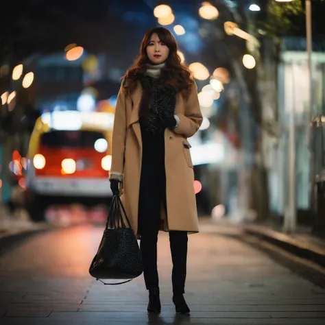 full body Esbian,21years old,Five Fingers,Perfect Anatomy,Ultra detailed eyes,masutepiece,Transcendent cute girl Japan,Long sleeve knit,coat,Pants Style,Black Nylon Socks,Carrying a bag,pumps,street snap,illumination,mid night,Bokeh,Bangs,in Tokyo,Winters,...