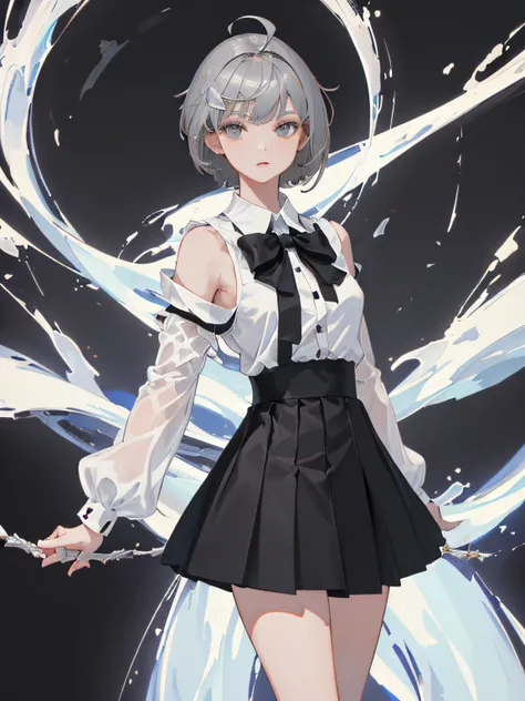 ((masterpiece, top quality), (one girl), (solo), (female focus), (ahoge, gray hair, short hair), black eyes, (white shirt), (black skirt), (black skirt), standing, white background, arms behind