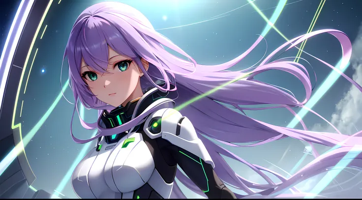 Athena with plain long light purple hair,hair between eyes,green eyes,rosy cheeks,full lips,thin eyebrows,slender body,wearing futuristic nanosuit and full long skirt,cute anime girl,full body,futuristic hyperloop tunnels in background,anime style,extremel...