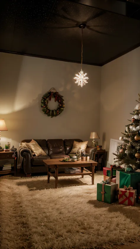 Christmas realistic background, with no people, with christmas tree, chimmey, and some gifts, in a living room, hyper realistic, in landscape format, and at nighttime