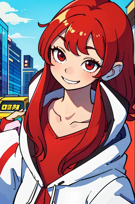 (top-quality:0.8)、(top-quality:0.8)、perfect anime illustration、Close up portrait of beautiful woman walking in city、Red hair、Red eyebrows、Red Eyes、White hoodie、Cheerful figure、Young Face、huge smile