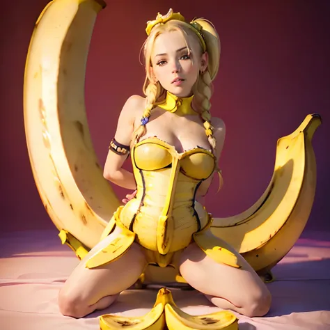 tmasterpiece (1 banana girl 25 years old :1.5) , violet eyes, blonde woman, hairlong, braided ponytail, pointed ears, mouth open. Half-smile. (Sits erotically, Kneeling in front of a giant banana.:1.2), full-length photo. higly detailed. Top Quality.