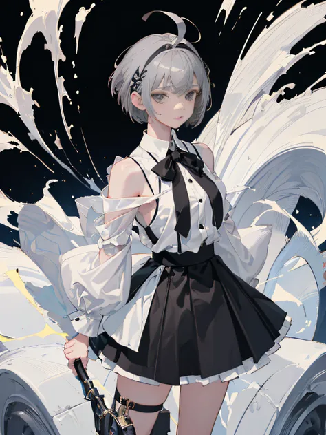 ((masterpiece, top quality), (one girl), (solo), (female focus), (ahoge, gray hair, short hair), black eyes, (white shirt), (black skirt), (black skirt), standing, white background, arms behind