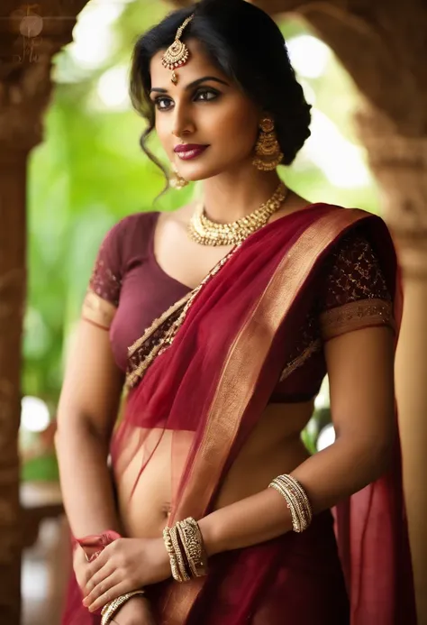 Desi Bhabhi In Maroon Sari, without blouse, 34 d breasts