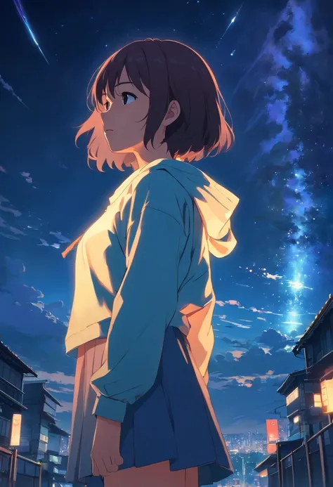 20 year old Japanese woman standing in front of the night sky