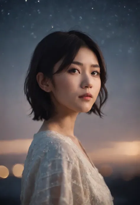 20 year old Japanese woman standing in front of the night sky With short black hair in a mullet style