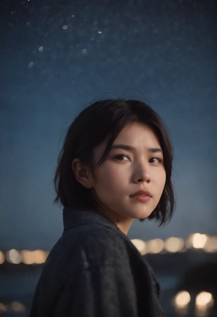 20 year old Japanese woman standing in front of the night sky With short black hair in a mullet style