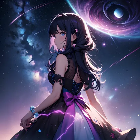 Fantastic starry sky、kosmos、Meteor swarm、black hole、Irridescent color））depth（（planetes））、A pink dress with slits on the back and sides embroidered with a light blue floral pattern、a beauty girl、There are flowers that glow a fantastic yellow around you