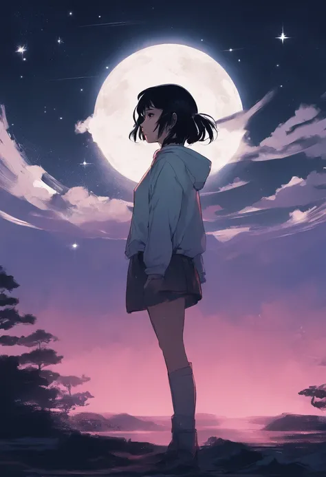 20 year old Japanese woman standing in front of the night sky With short black hair in a mullet style