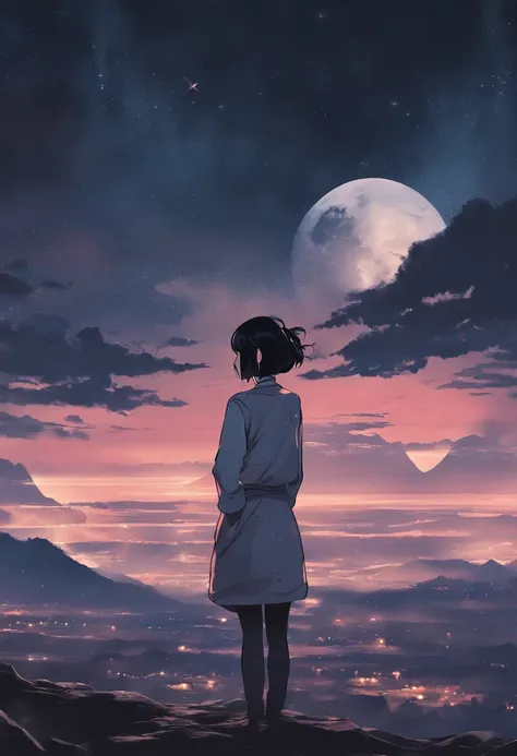 20 year old Japanese woman standing in front of the night sky With short black hair in a mullet style