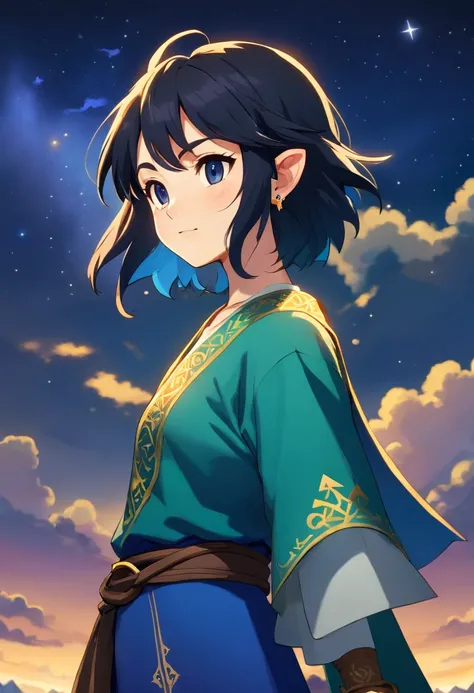 20 year old Japanese woman standing in front of the night sky With short black hair in a mullet style