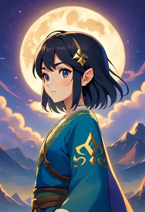 20 year old Japanese woman standing in front of the night sky With short black hair in a mullet style