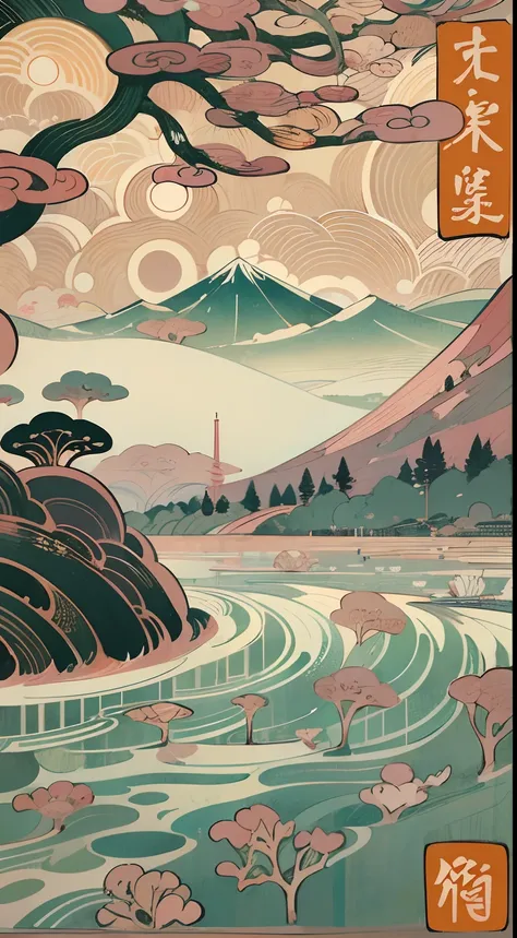 Close-up of a stamp printed with Erhai Lake, Inspired by Nomis poster art, behance contest winner, Ukiyo-e, Japanese inspired poster, japan poster, oriental art nouveau, victo ngai style, ( ( victo ngai ) ), illustrated poster, illustration!, artwork in st...