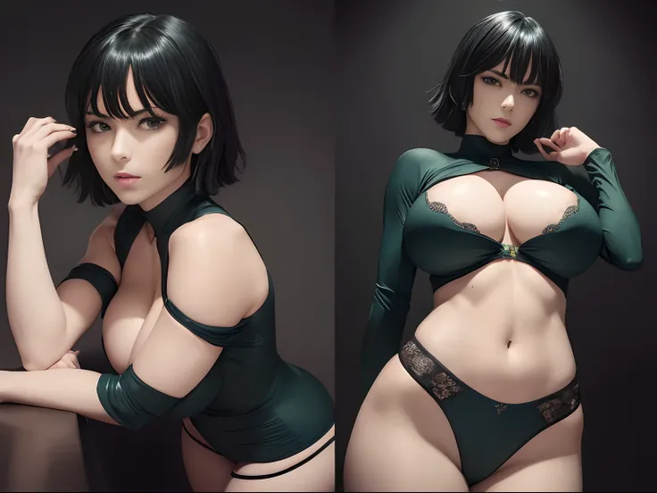 (((fubuki))) ((from one punch man)) (((enormes tetas)))  8k,(((cuerpo completo lleva su vestido verde oscuro)))(((amazing tits))...