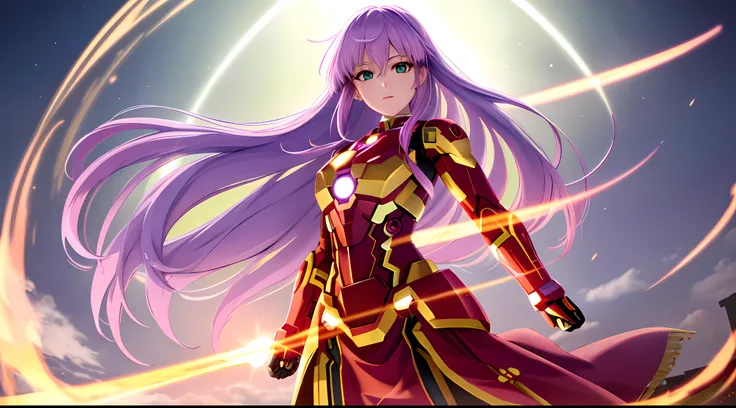 Athena with plain long light purple hair,hair between eyes,green eyes,rosy cheeks,full lips,thin eyebrows,slender body,wearing iron man cybernetics and full long skirt,cute anime girl,full body,large castle in background,anime style,extremely deep depth of...