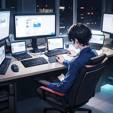 A man in an internet café，The computers in the Internet café are three-monitored, At night, There are lights in the internet café, The man looked sad, The man looked at the screen, A game is displayed on the computer screen,The display cant be huge，