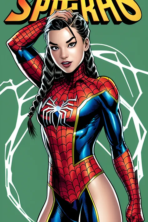 Brunette girl with long braids and green eyes in a Spider-Man costume in the style of Mervel comics