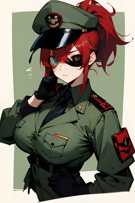 red hair with ponytail girl, has eyepatch covering right eyes, wearing miltary officer cloth and cap that has tie on it, black gloves and anime style art, big breast