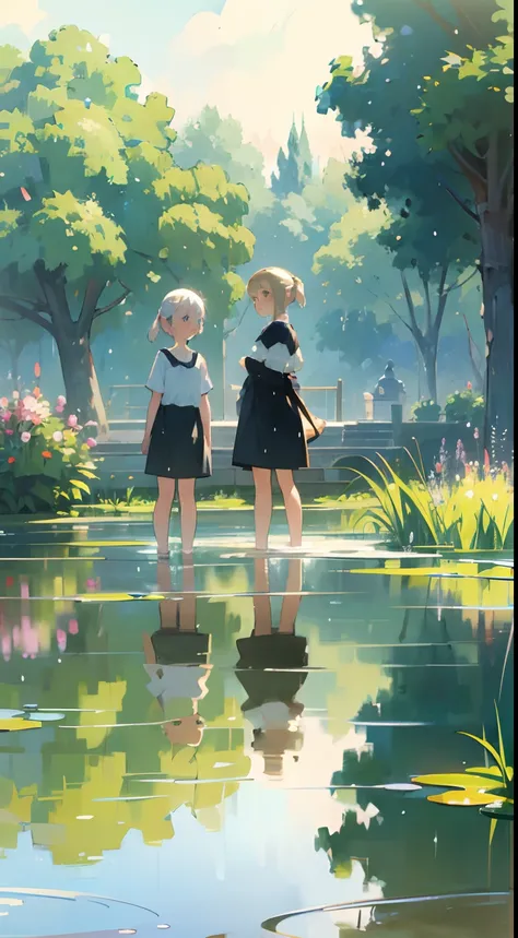 In Claude Monet style, Impressionism, (2 girls), white camisole, Both are 14 years old, one girl is short silver hair, one girl is blond pony tail, pond, ((wet)) curtsey, close to viewer