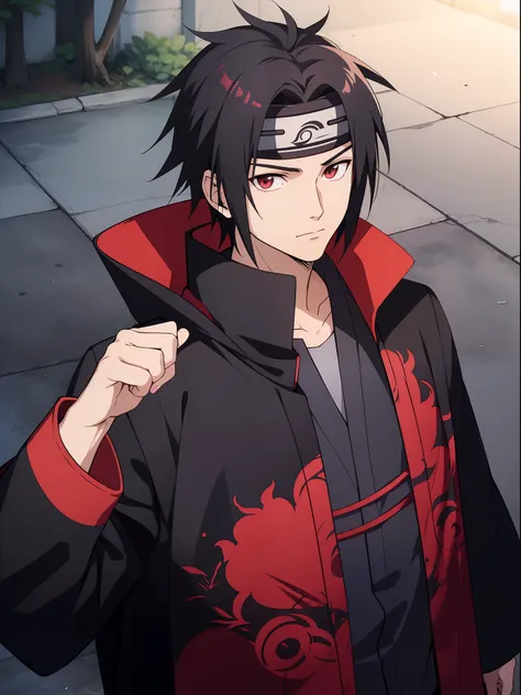 1male, itachi uchiha, black short hair, anime male, wearing a long sleeve black coat, red cloud print on coat, kishimoto, japane...