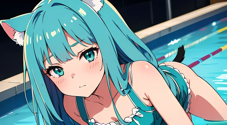 (1 nekomimi girl, without human ears),(beautiful eyes finely detailed, Face to detail, teal hair, long hair), wearing summer style dress, twerking pose to you, seductive facial expression, blush on her face, at the pool, camera angle from front, looking at...