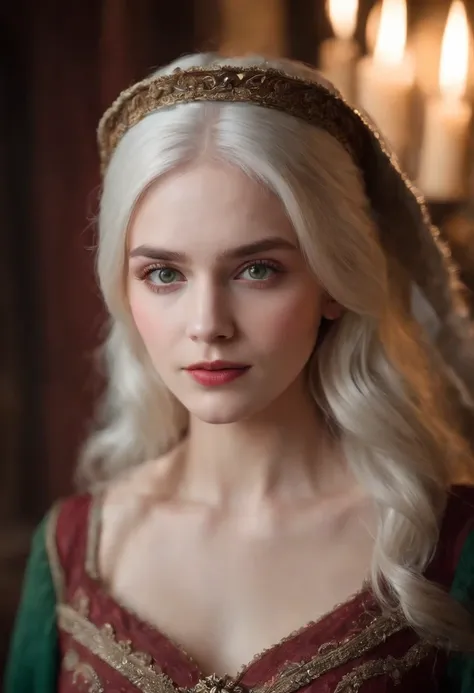 (((a deep reddish wound crosses her left cheek))) fair complexion, woman around 19 years old, natural white hair, distinctive green eyes, wearing kohl, slender and graceful, beautiful, candlelight in a medieval setting, ultra sharp focus, realistic shot, m...