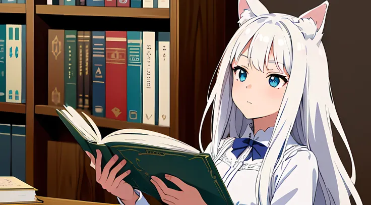 (1 nekomimi girl, without human ears),(beautiful eyes finely detailed, Face to detail, white hair, long hair), wearing long dress witch outfit, reading a magical book, at the library, ​masterpiece, top-quality, detailed, High resolution illustration