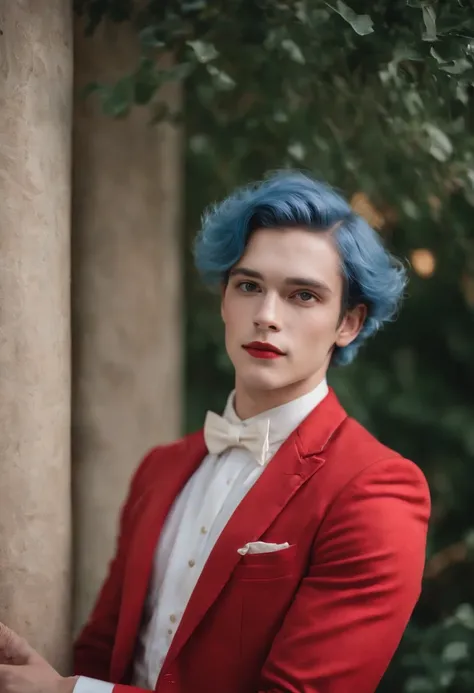 Best quality, masterpiece, ultra high res, (photorealistic:1.4), raw photo, upper body, portrait, a young man, solo, blue hair, short hair, pearl earrings, red suit, clown makeup, castle in the background, soft lighting