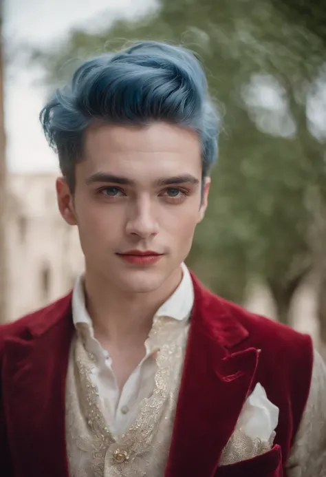 Best quality, masterpiece, ultra high res, (photorealistic:1.4), raw photo, upper body, portrait, a young man, solo, blue hair, short hair, pearl earrings, red suit, clown makeup, castle in the background, soft lighting