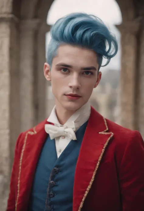 Best quality, masterpiece, ultra high res, (photorealistic:1.4), raw photo, upper body, portrait, a young man, solo, blue hair, short hair, pearl earrings, red suit, clown makeup, castle in the background, soft lighting