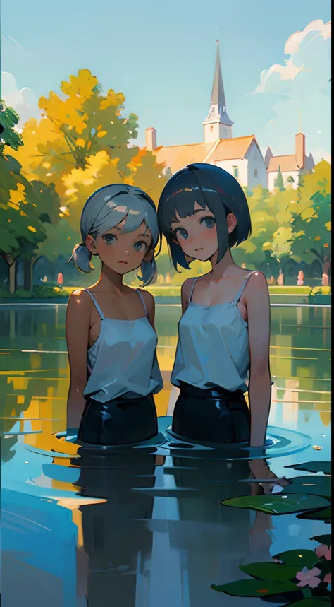 In Claude Monet style, Impressionism, (2 girls), white camisole, Both are 14 years old, one girl is short silver hair, one girl is blond pony tail, pond, ((wet)) curtsey, close to viewer, cheek-to-cheek