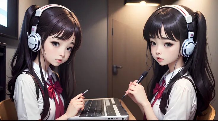 **twin schoolgirls with different hairtyles, korean school uniform ,(masterpiece, best quality: 1. 2), pop city style, wearing headsets, listening to music , romantic songs, singing,