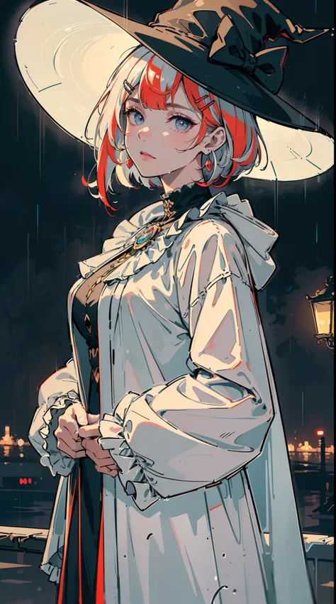 ((((frills,large black witch hat cover eyes，heavy rain,))))((hands in pockets,))(Masterpiece illustration,Beautiful and aesthetic:1.2,aim to viewers), Best quality,Top quality, Epic quality,((((rainy night in a cyberpunk city with glowing neon lights,outdo...