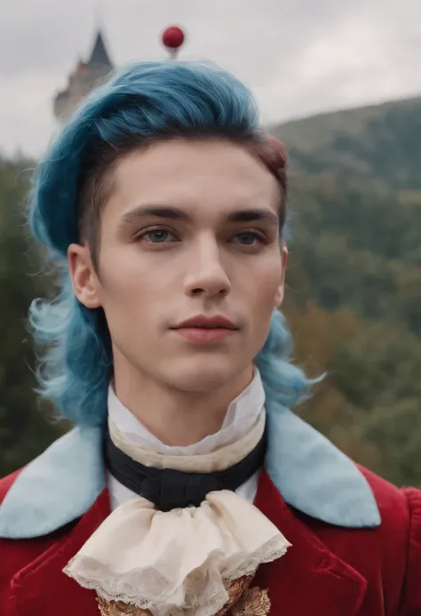 Best quality, masterpiece, ultra high res, (photorealistic:1.4), raw photo, upper body, portrait, a beautiful young man, solo, blue hair, half-up hair, pearl earrings, red suit, clown makeup, castle in the background, soft lighting