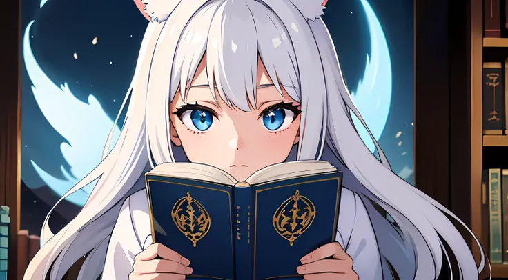 (1 nekomimi girl, without human ears),(beautiful eyes finely detailed, Face to detail, white hair, long hair), wearing long dress witch outfit, reading a magical book, looking at the book, magical light come out from the book, at the library, with some mag...