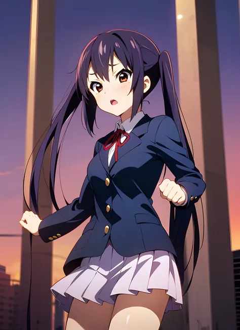 1girl, (((masterpiece))), highest quality, best quality, high detail, nakano azusa, 1girl, sakuragaoka high school uniform, school uniform, twintails, long hair, black hair, brown eyes, solo, red , a navy blue blazer with red narrow ribbon, a solid white b...