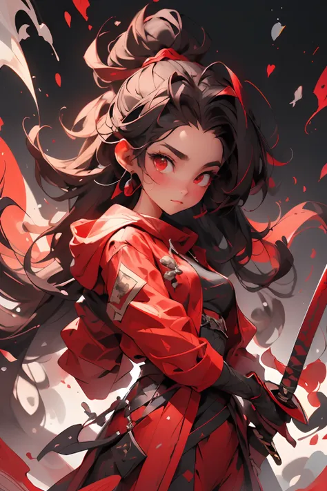 1girll，long and flowing hair，Hold a sword in your hand， 独奏，Black and red clothes， jacket， full bodyesbian，looks into camera，Dynamic background，Epic，of the highest quality，