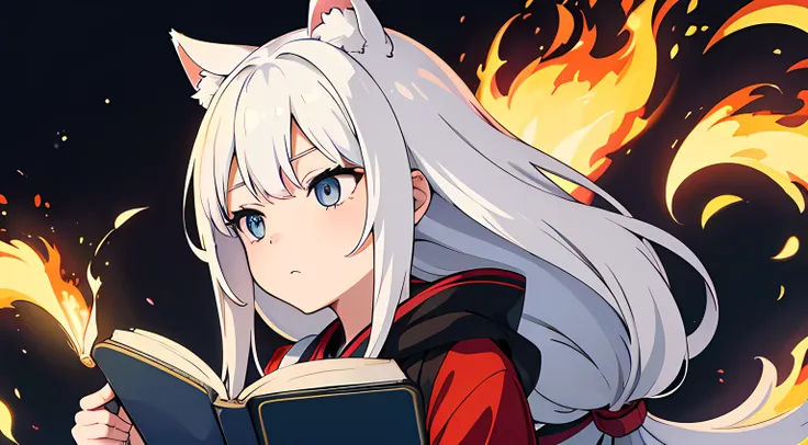 (1 nekomimi girl, without human ears),(beautiful eyes finely detailed, Face to detail, white hair, long hair), wearing long dress witch outfit, reading a magical book, looking at the book, she hold a book with flames coming out from her book, at the librar...