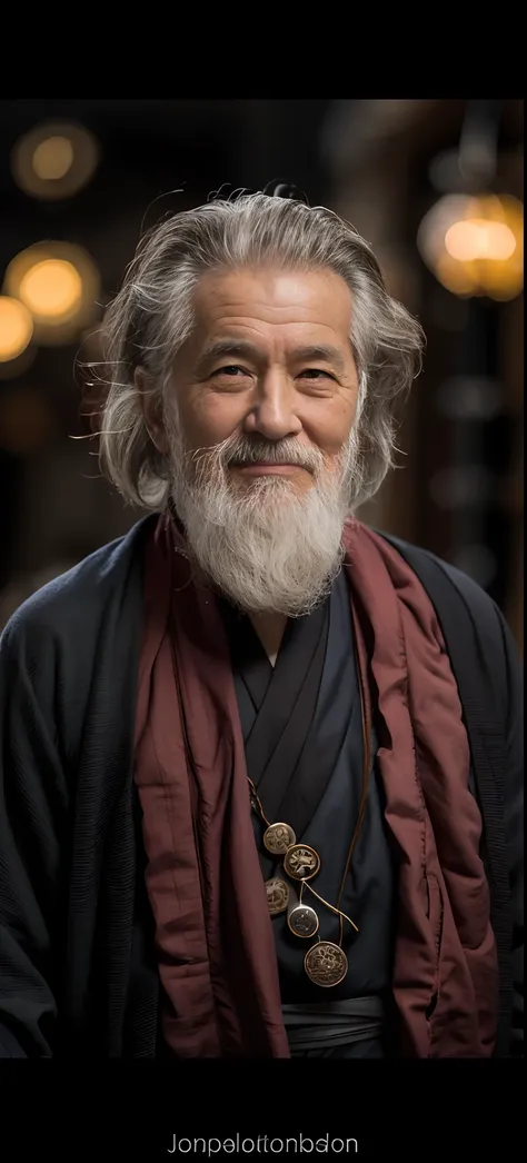 an old man，wearing a monk's robe，facing at camera，the expression is kind