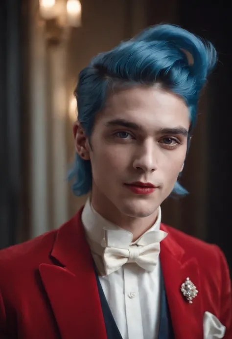 Best quality, masterpiece, ultra high res, (photorealistic:1.4), raw photo, upper body, portrait, a beautiful young man, solo, blue hair, medium hair, pearl earrings, red suit, clown makeup, circus in the background, soft lighting