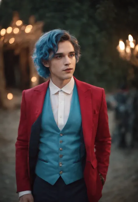 Best quality, masterpiece, ultra high res, (photorealistic:1.4), raw photo, upper body, portrait, a beautiful young man, solo, blue hair, medium hair, pearl earrings, red suit, clown makeup, circus in the background, soft lighting