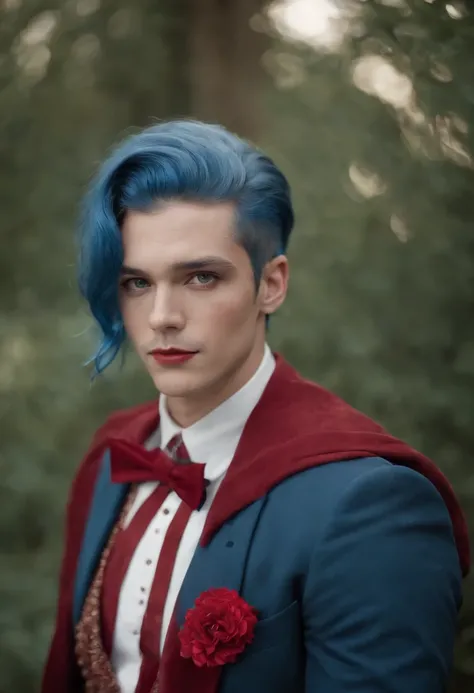 Best quality, masterpiece, ultra high res, (photorealistic:1.4), raw photo, upper body, portrait, a beautiful young man, solo, blue hair, medium hair, pearl earrings, red suit, clown makeup, circus in the background, soft lighting