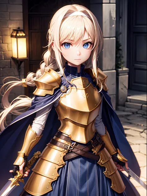 High resolution, Unity 8k壁纸,Longsword, (Beautiful detailed eyes:1.16), extra detailed face、Alignment Night Alice 、¥(Synthesis Thirty¥), Wielding the Holy Sword、Bangs, Blue eyes, Blonde hair, hair between eye, Very long hair, braid, shairband, white hairban...