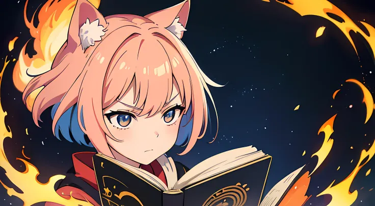 (1 nekomimi girl, without human ears),(beautiful eyes finely detailed, Face to detail, multi colored hair), wearing long dress witch outfit, angry facial expression, reading a magical book, looking at the book, she hold a book with flames coming out from h...