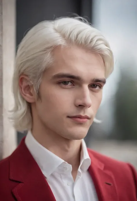 Best quality, masterpiece, ultra high res, (photorealistic:1.4), raw photo, upper body, portrait, a beautiful young man, solo, white hair, long hair, red suit, soft lighting