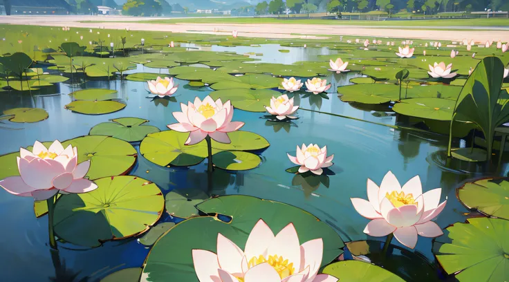 Spring, lotus pond, lotus flowers, clear water, willow river, HD detail, HD 8K , illustration, beautiful, artistic