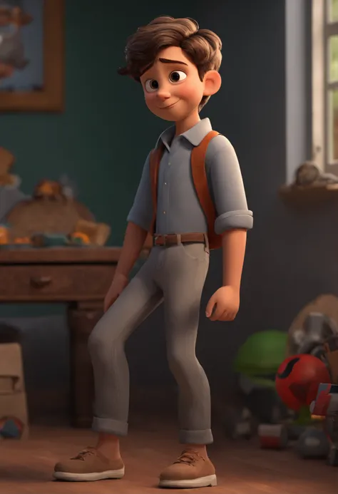 Image of a boy in gray shirt and gray pants ,for a story in a YouTube video in Pixar format, Hes the little allabester, Hes the class leader, Hes outgoing, Playful and gets up for a lot of things