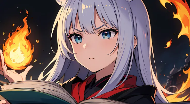 (1 nekomimi girl, without human ears),(beautiful eyes finely detailed, Face to detail, multi colored hair), wearing long dress witch outfit, angry facial expression, holding a magical book, she hold a book with flames coming out from her book while casting...